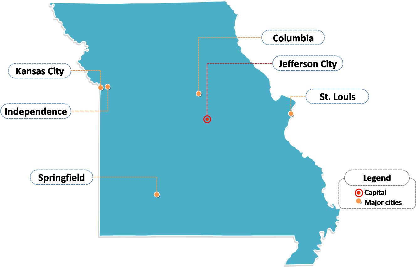 State Of Missouri Map With Outline And Cities Labeled - Missouri State