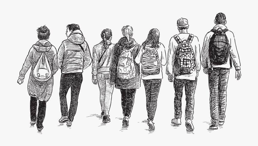 Sketch Of A Group Of Young People - Drawing Of Students Going To School, HD Png Download, Free Download
