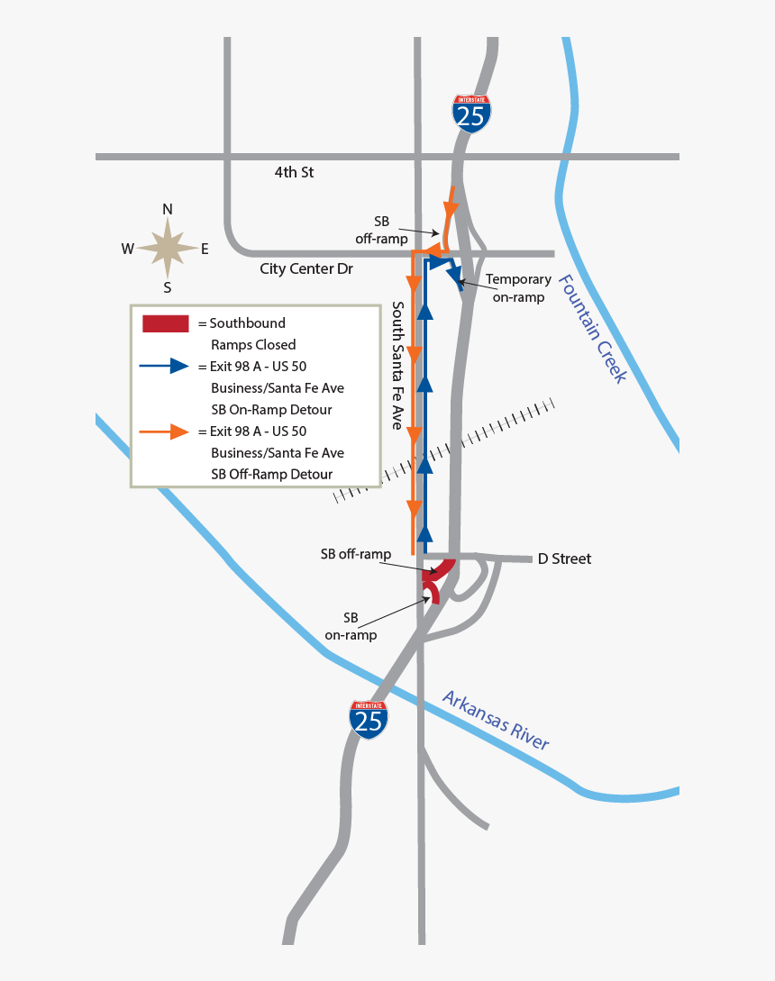 I 25 Santa Fe City Center Detour Map - Exit 98a On I 25 Southbound Pueblo, HD Png Download, Free Download