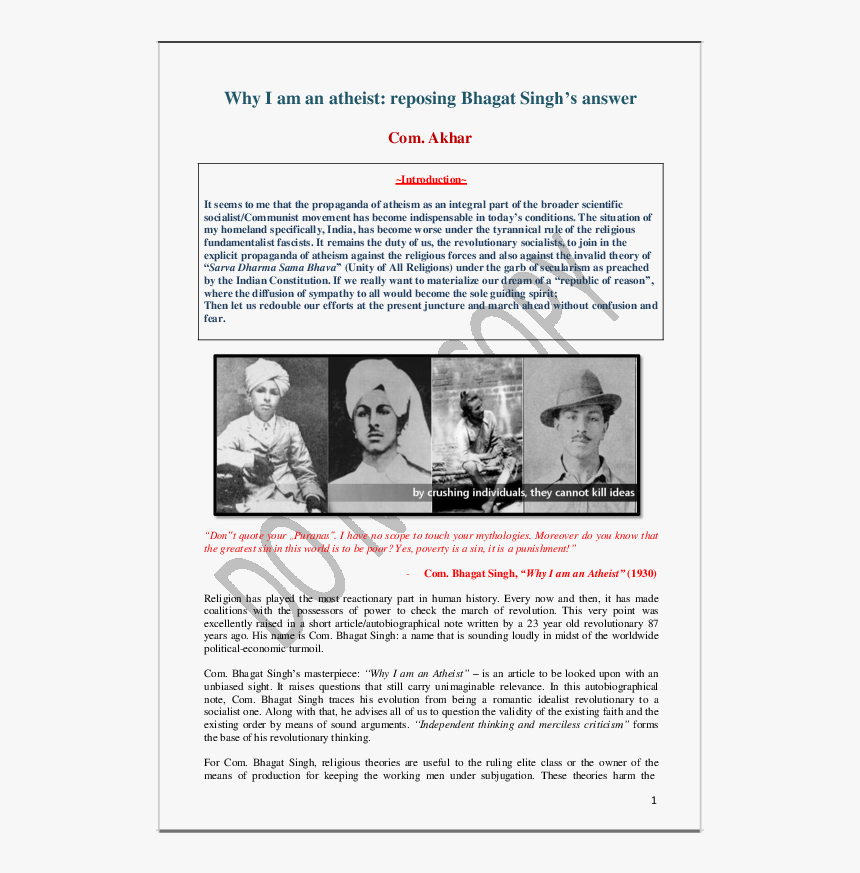 Yes I M An Atheist Bhagat Singh, HD Png Download, Free Download