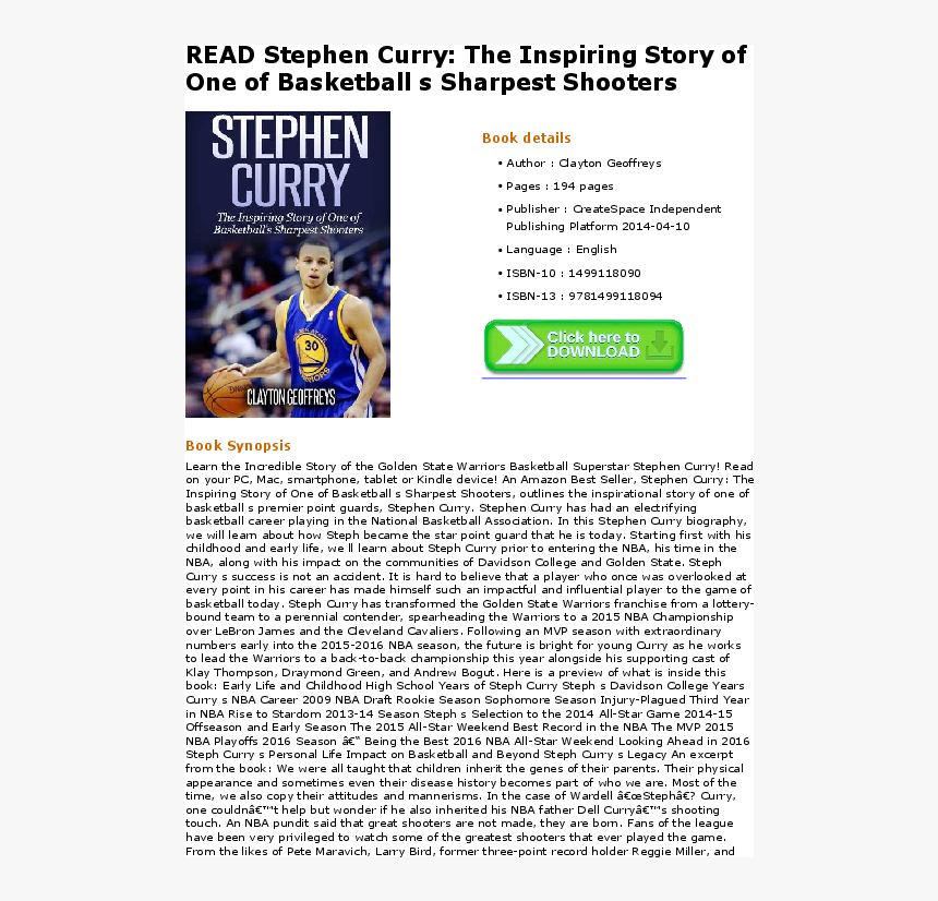 Stephen Curry The Inspiring Story Of One, HD Png Download, Free Download