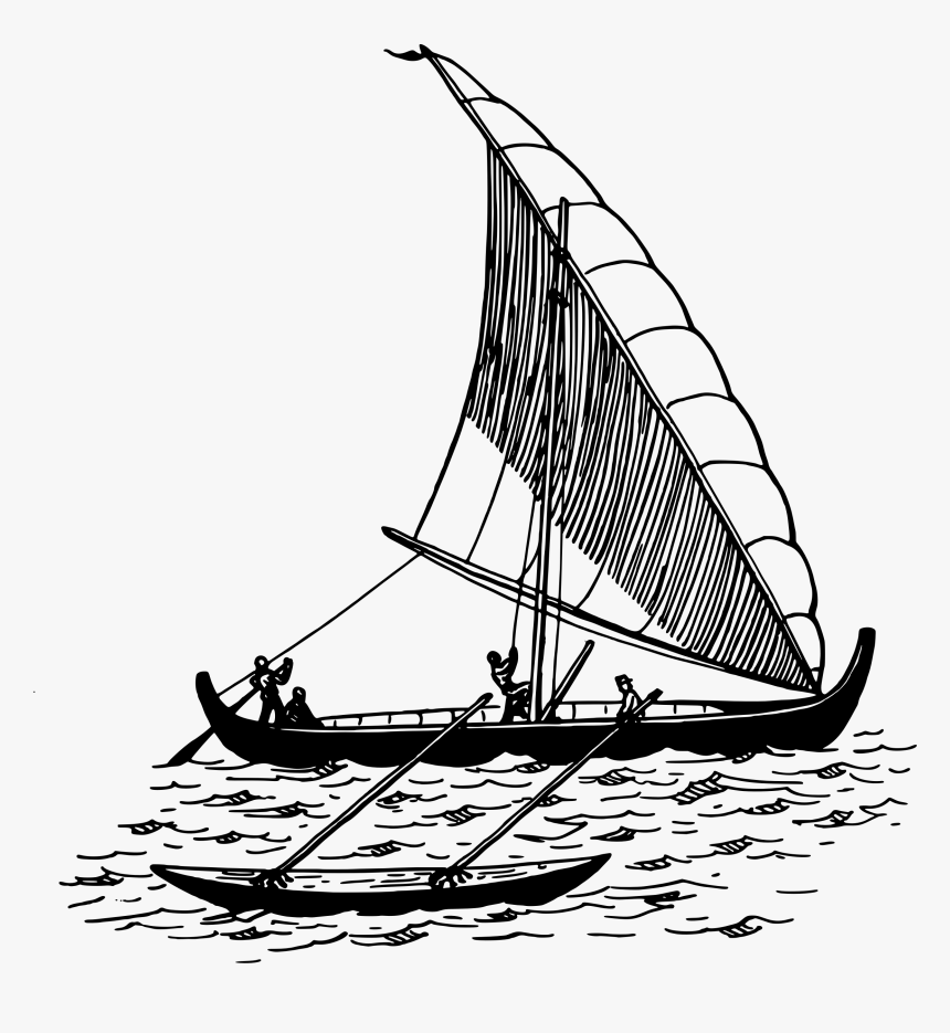 Black And White Png Sail Boats On Water - Outrigger Drawing, Transparent Png, Free Download