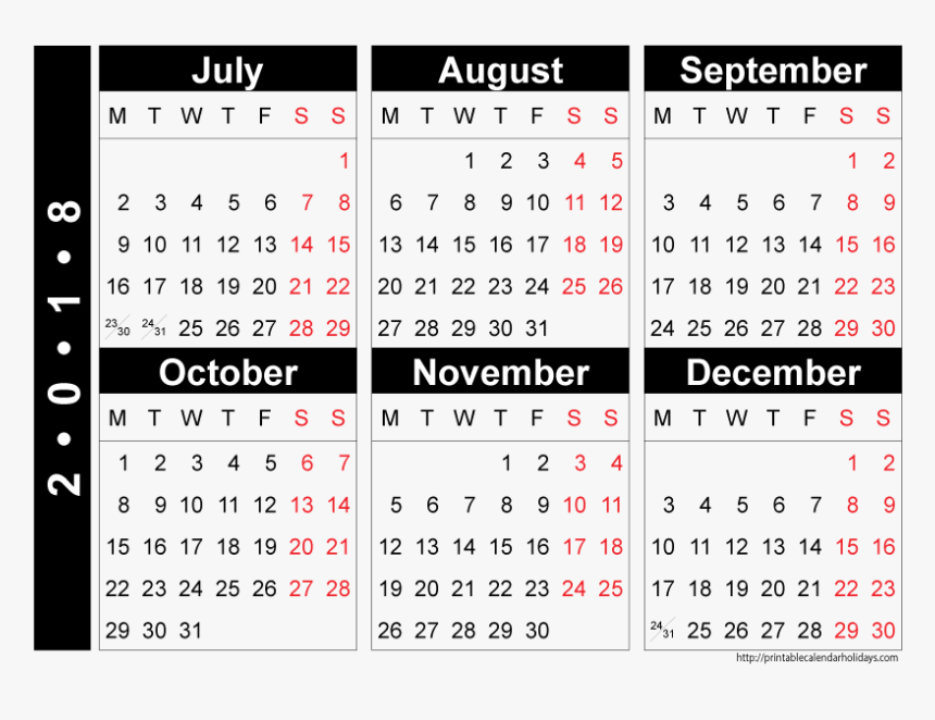 Free 18 July To December Calendar Half Year Calendar 19 Hd Png Download Kindpng