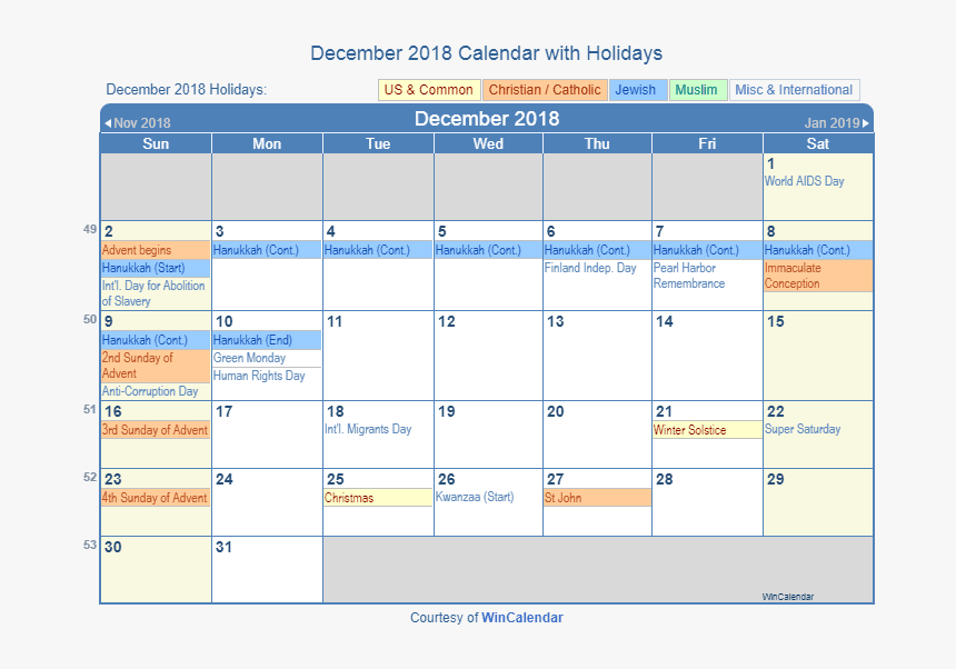 December 2018 Printable Calendar With Us Holidays - Holiday October 2019 Calendar, HD Png Download, Free Download
