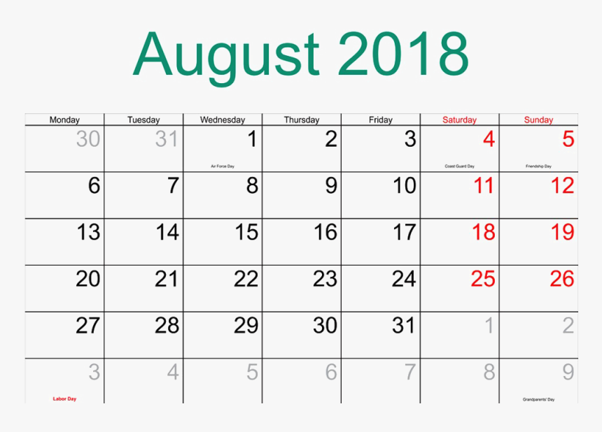 Calendar Png Transparent Image - August 2018 Printable Calendar With Holidays, Png Download, Free Download