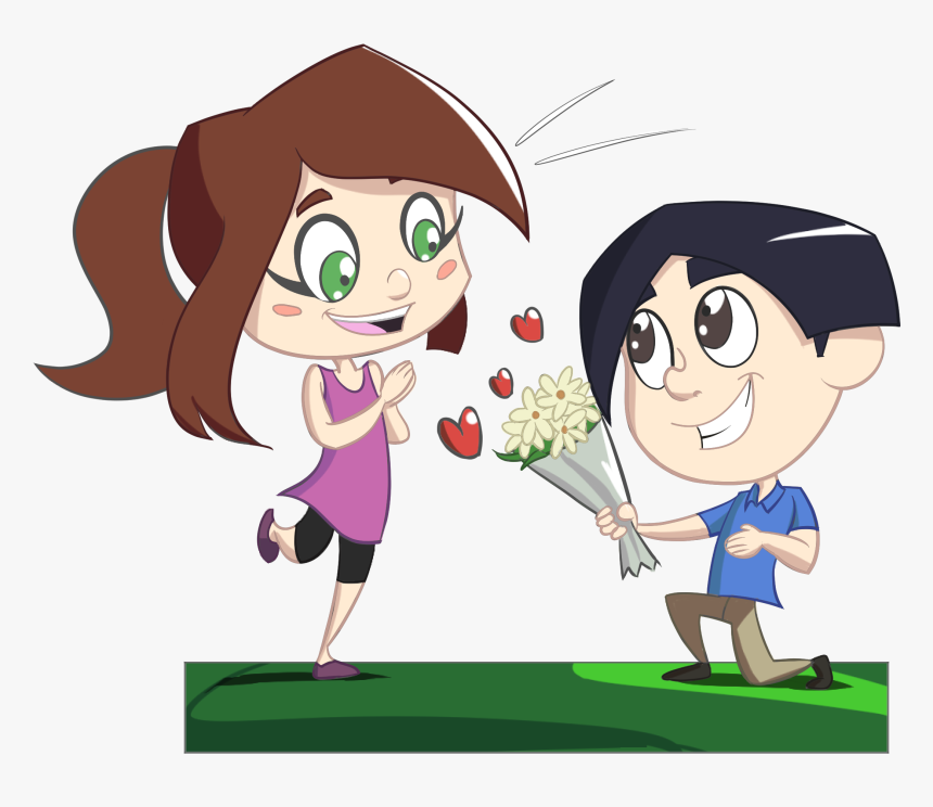 Art,child,girl - Boy Giving Flowers To Girl Cartoon, HD Png Download, Free Download