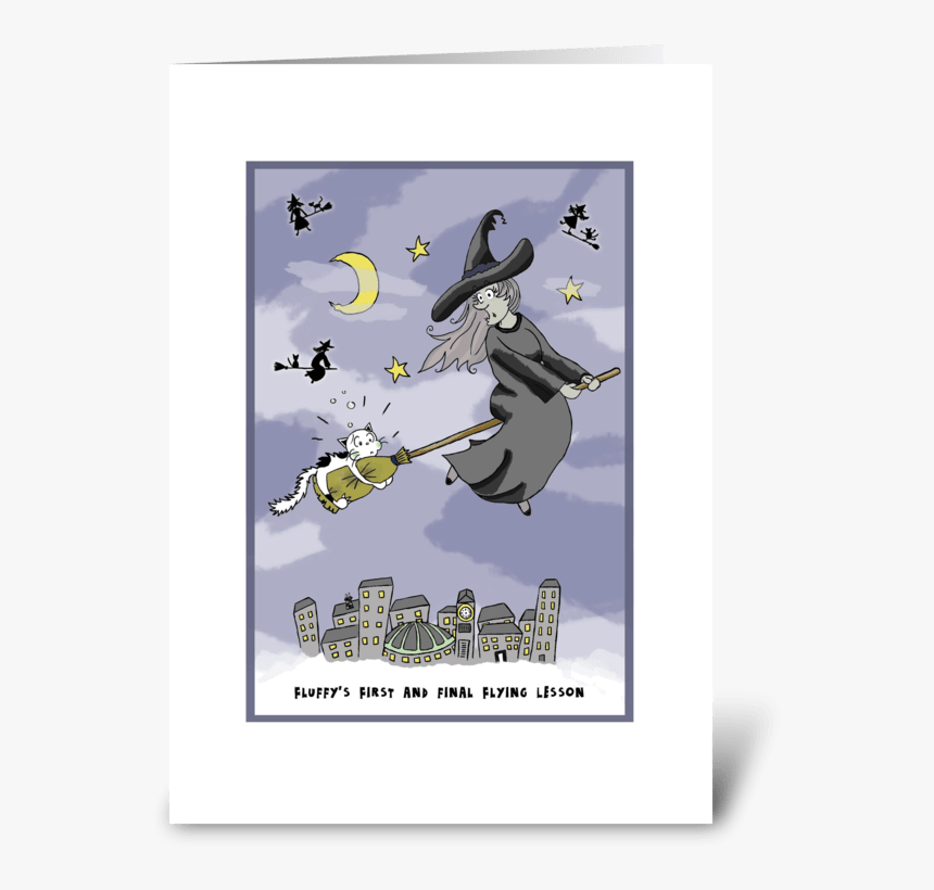 Cat Gets Flying Lessons At Halloween Greeting Card - Cartoon, HD Png Download, Free Download