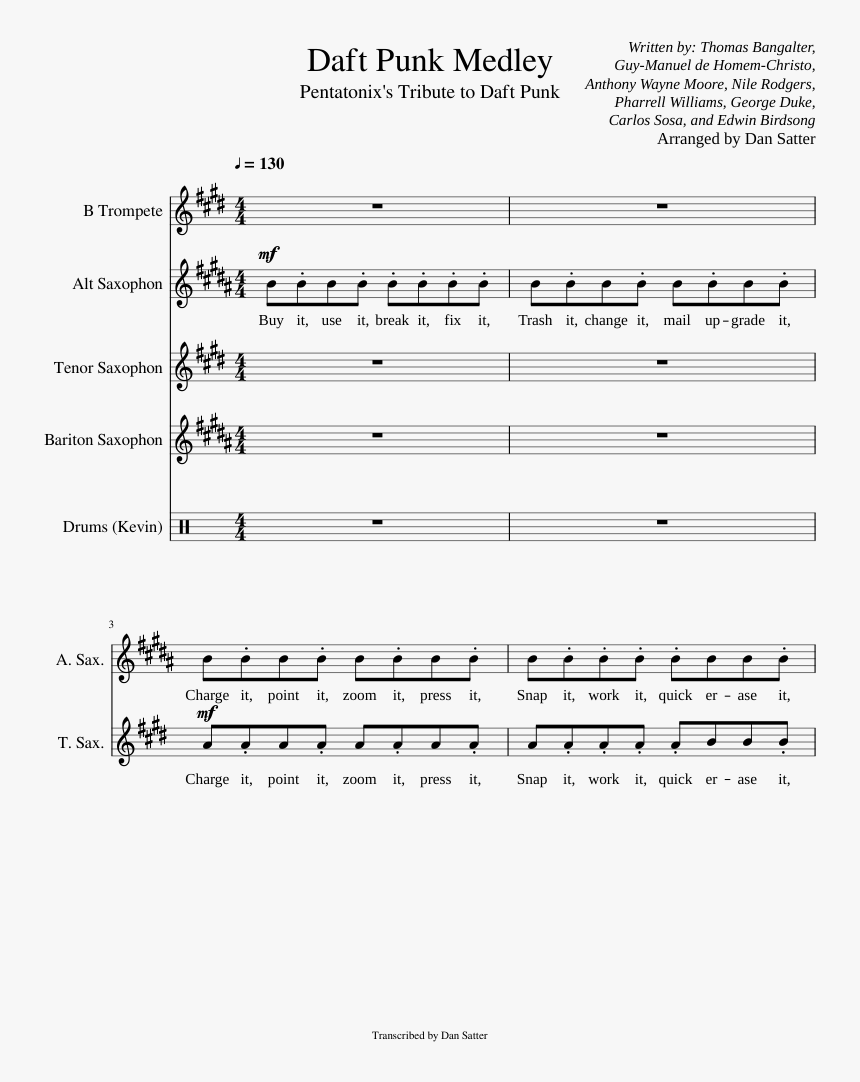 Daft Punk Medley - Daft Punk Saxophone Sheet Music, HD Png Download, Free Download