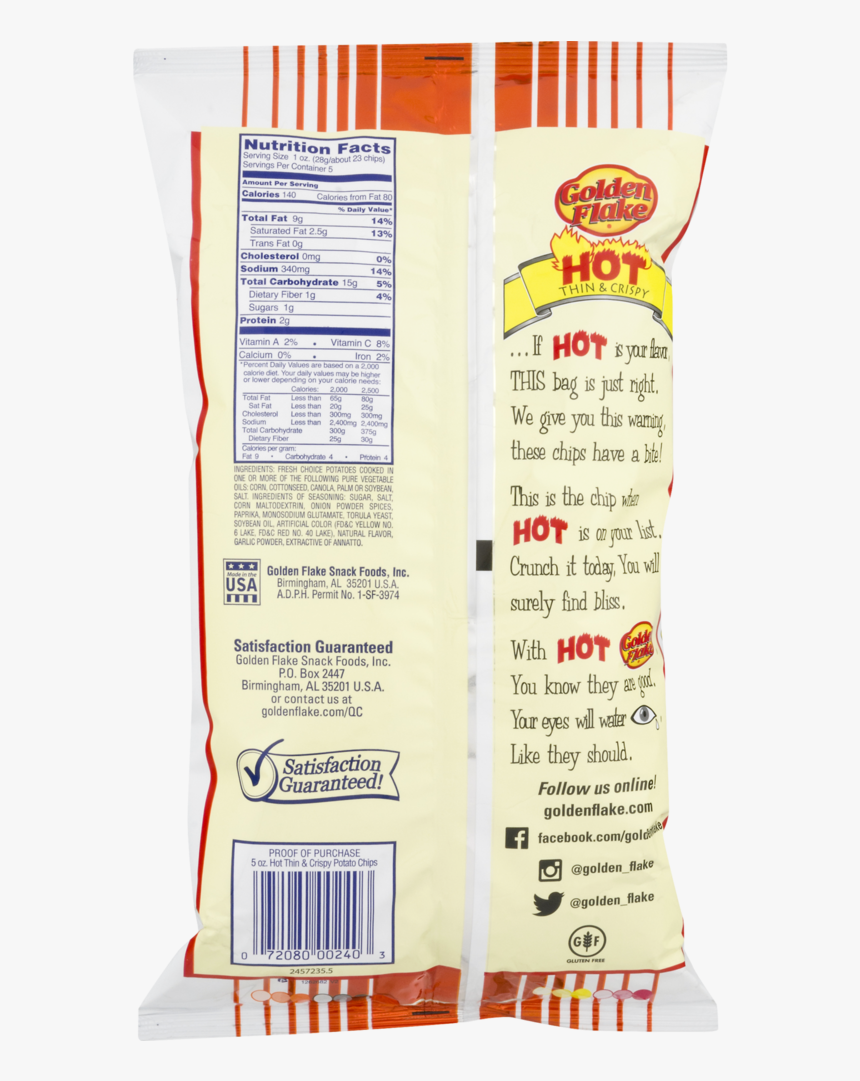 Golden Flake Thin & Crispy Potato Chips, Hot - Knackwurst, HD Png Download, Free Download