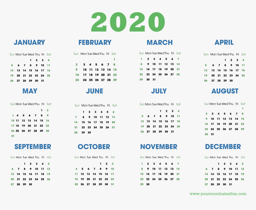 12 Month 2020 Printable Calendar, HD Png Download, Free Download