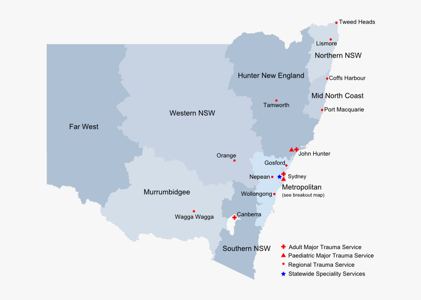 Map Of Nsw Trauma Services - Major Hospitals Nsw, HD Png Download, Free Download