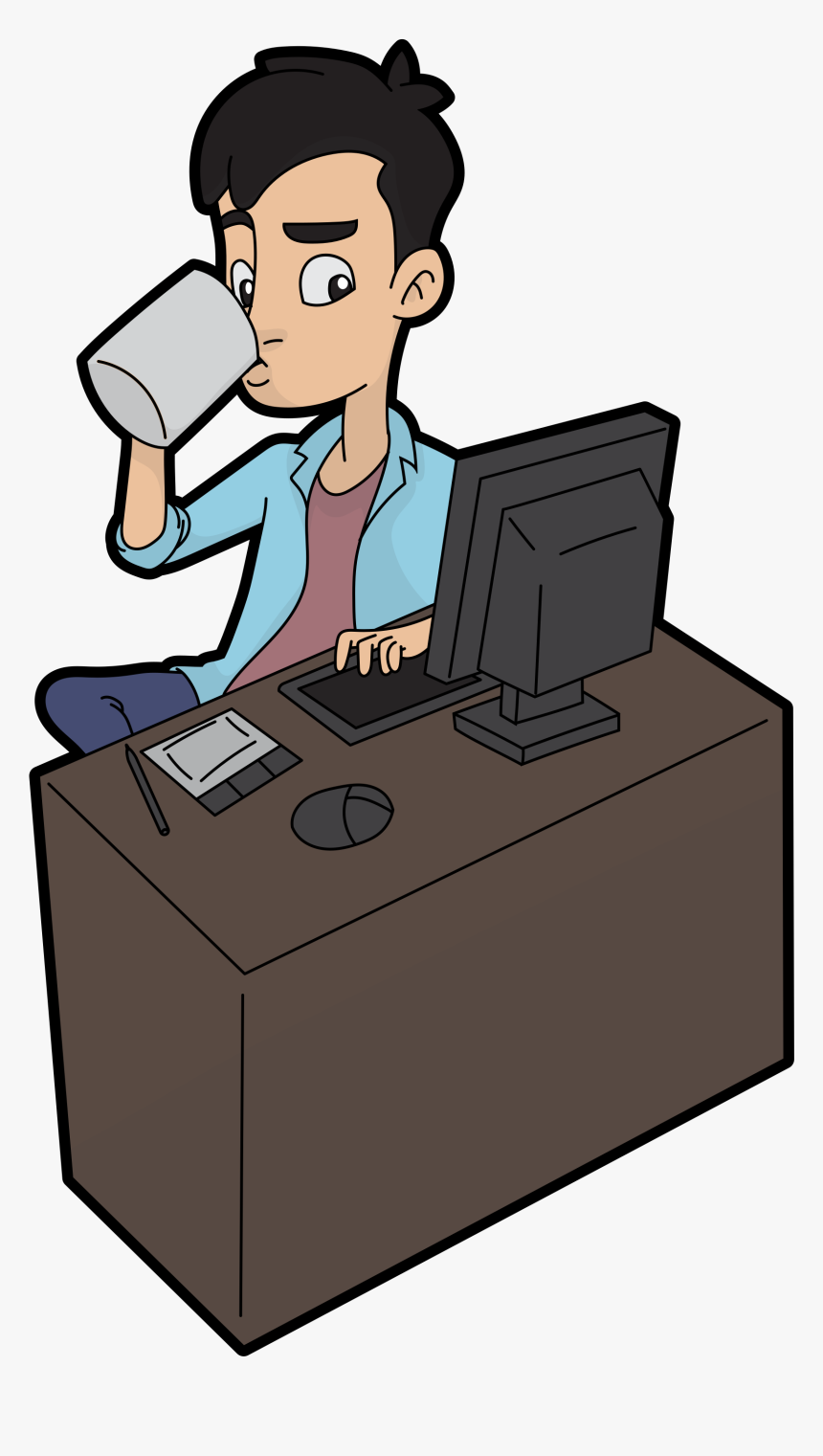 Cartoon Guy Drinks While Using A Computer Clipart Guy On Computer Cartoon Hd Png Download Kindpng
