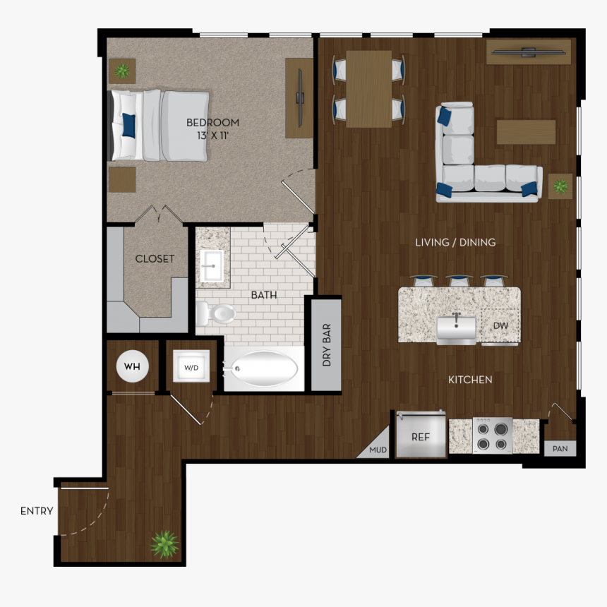 Luxury One Bedroom Apartment Floor Plans, HD Png Download - kindpng