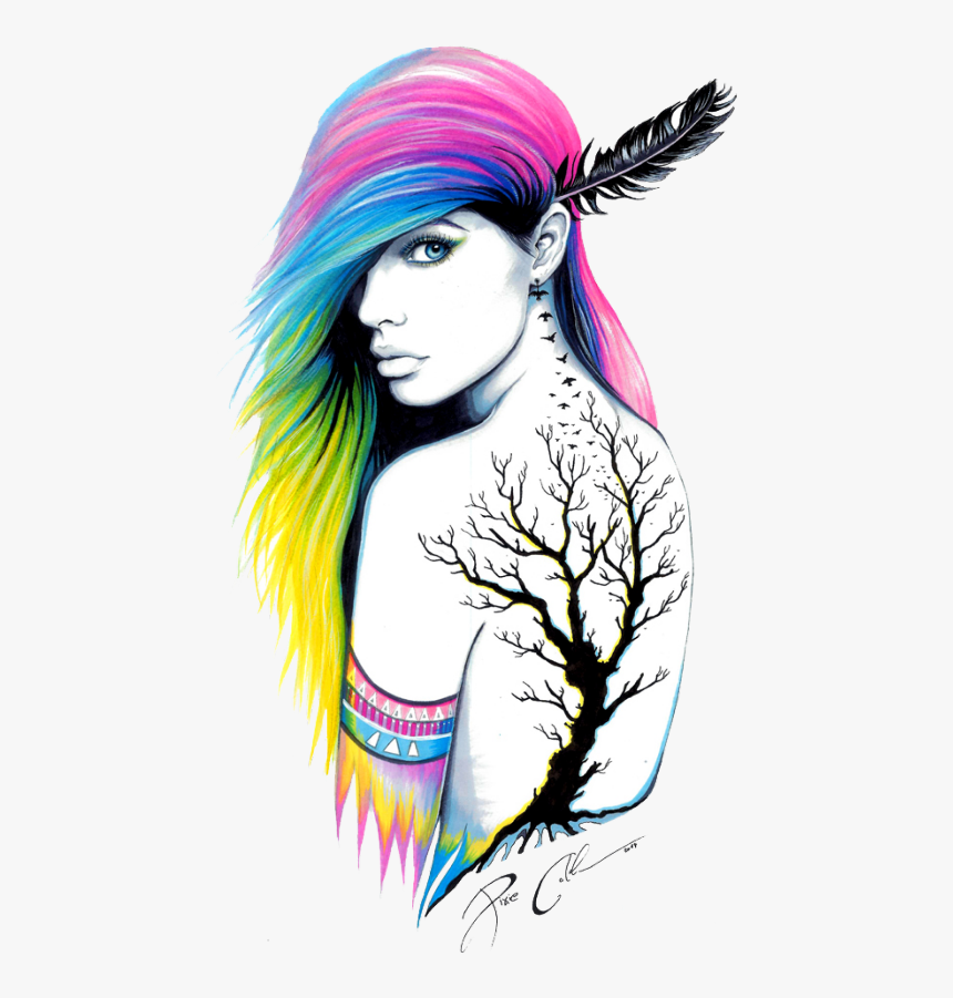 Tattoo Rainbow Lady Women Indian Feather - Pixiecold Art, HD Png Download, Free Download