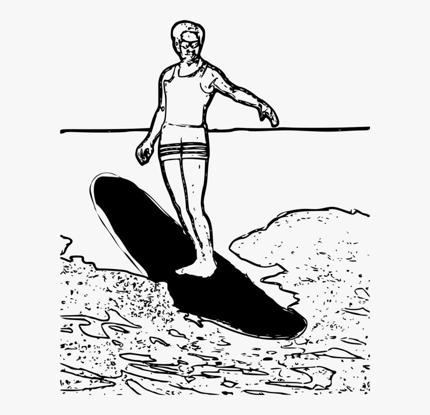 Standing,line Art,recreation - Clip Art Black And White Surfing, HD Png Download, Free Download