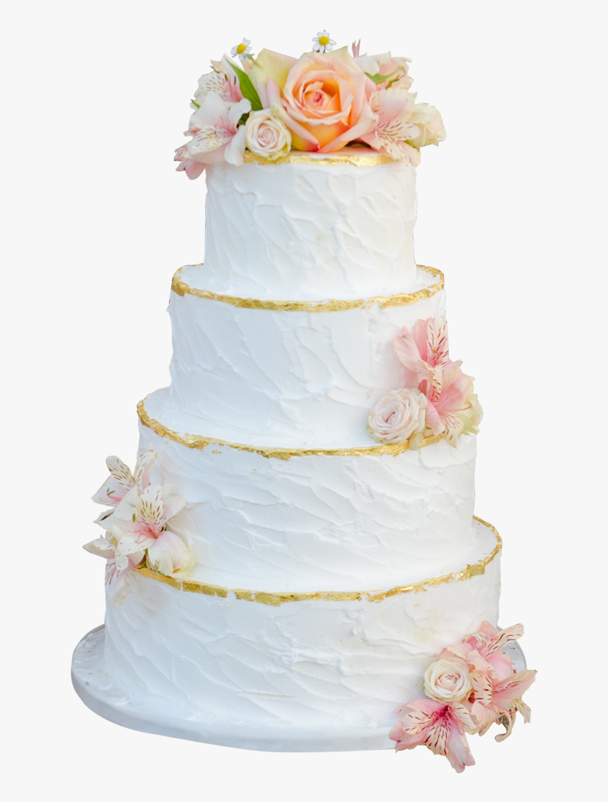 White Cake With Gold Trim And Fresh Flowers - Gold Trim Wedding Cake, HD Png Download, Free Download