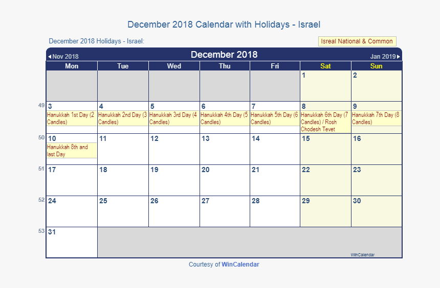 December 2018 Calendar With Israeli Holidays To Print - December 2018 Hanukkah Calendar, HD Png Download, Free Download