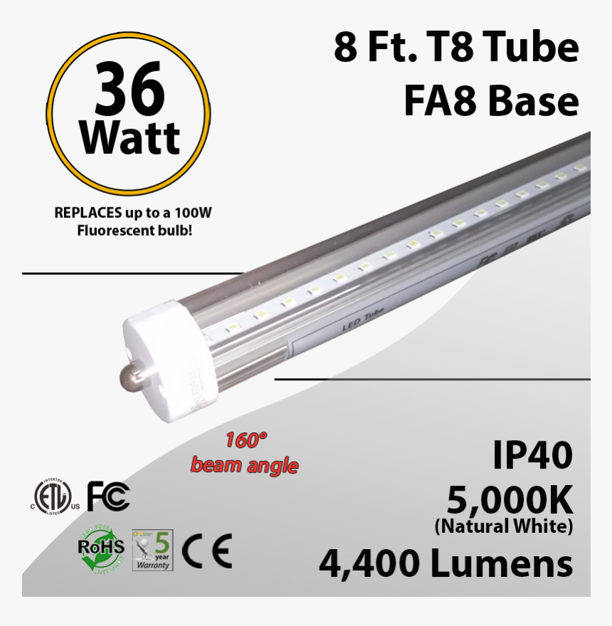 8 Ft Led Tube Clear Lens 5000k 4400 Lumens Etl Fluorescent Lamp Hd Png Download Kindpng