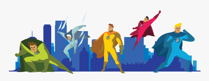 Grimefighters Superhero Team Standing In Front Of Downtown - Superhero Teamwork, HD Png Download, Free Download