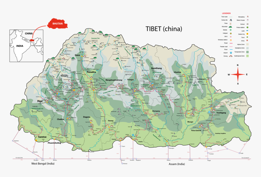 Bhutan-map - Land Area Of Bhutan, HD Png Download, Free Download