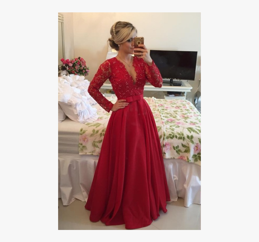 Burgundy V Neck Lace - Long Sleeve Red Dress Formal, HD Png Download ...