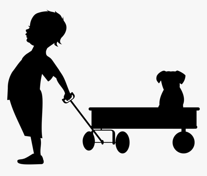 2 Kids A Wagon And Dog Clipart - Free Vector Child Silhouette, HD Png Download, Free Download