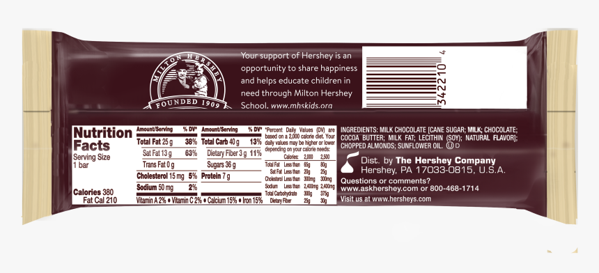 Hershey Almond Bar Nutrition Facts, HD Png Download - kindpng