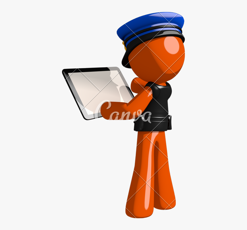 Orange Man Police Officer Viewing Tablet Computer Back - Police Cartoon With Tablet, HD Png Download, Free Download