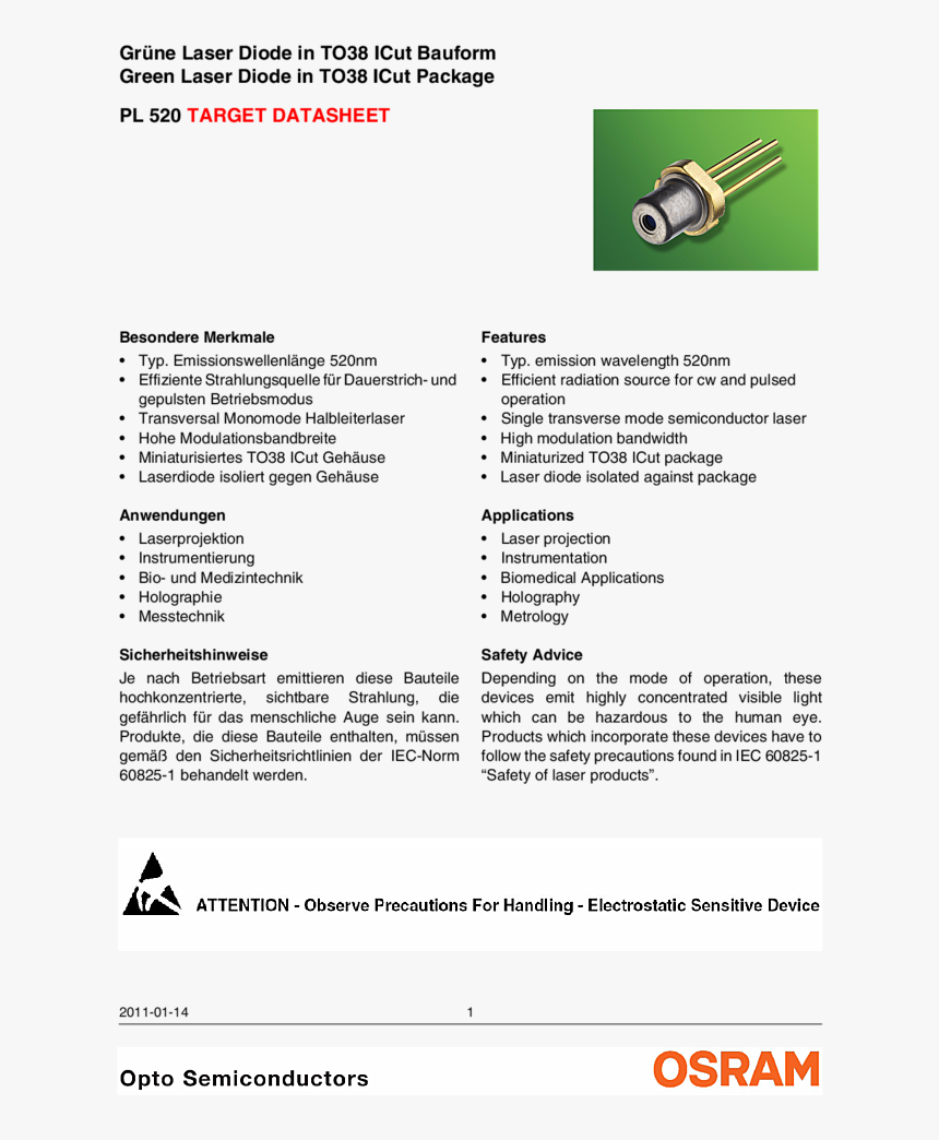 520nm 50mw To Can Osram - Applications Of Laser Diode, HD Png Download, Free Download