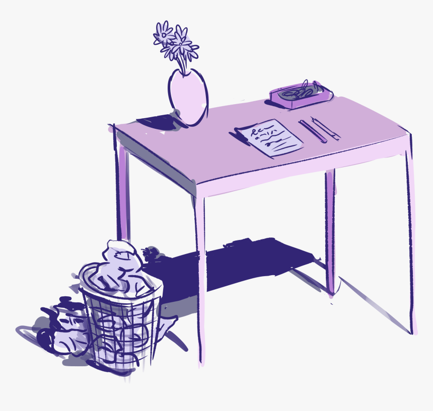 Purple Drawing Of A Desk With A Filled Waste Basket Hd Png