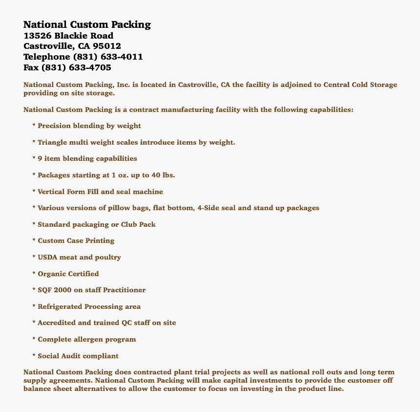 National Custom Packing
13526 Blackie Road
castroville,, HD Png Download, Free Download