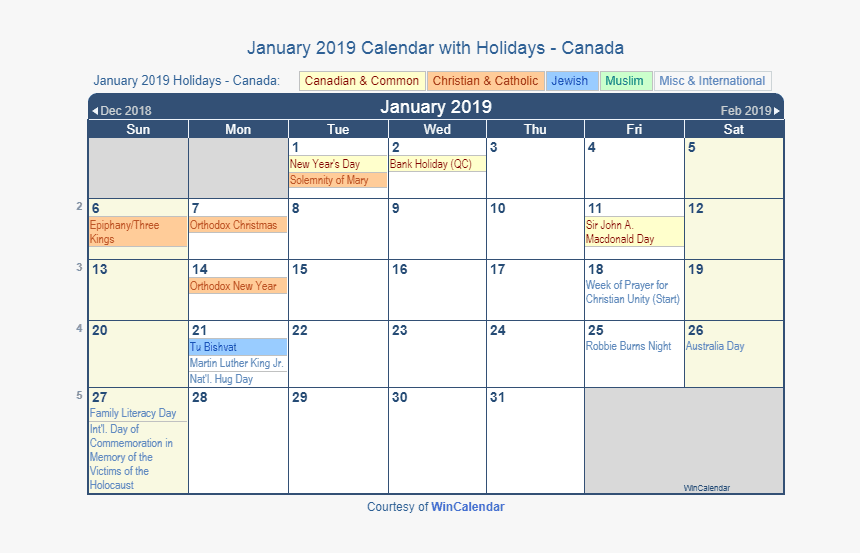 January 2019 Calendar With Holidays Canada - January 2019 Calendar With Holidays, HD Png Download, Free Download