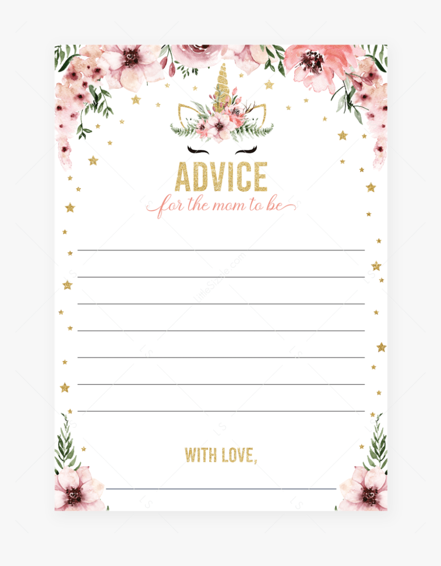 Pink And Gold Unicorn Baby Shower Advice Cards By Littlesizzle - Baby Shower Would She Rather, HD Png Download, Free Download