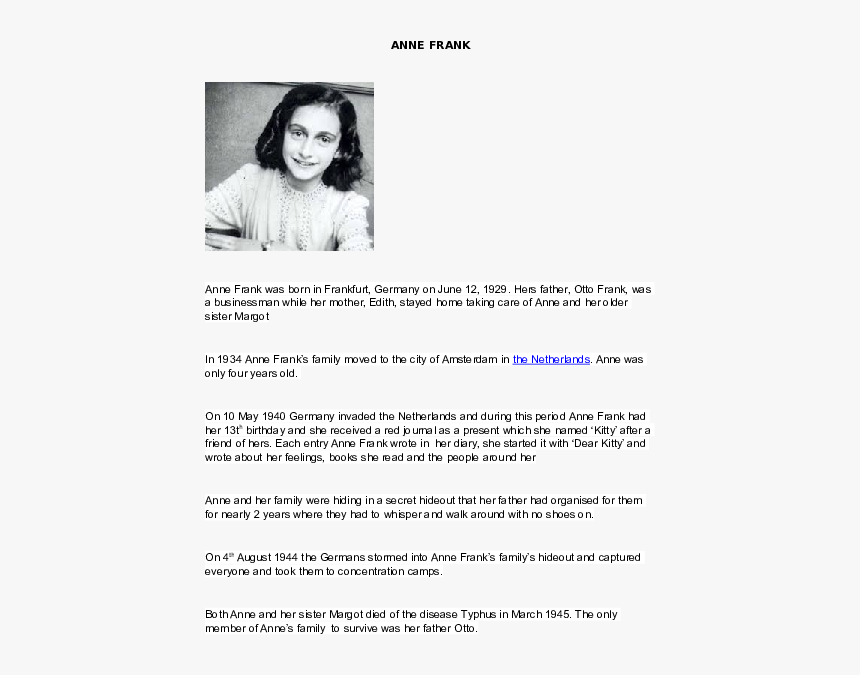 Anne Frank, HD Png Download - kindpng