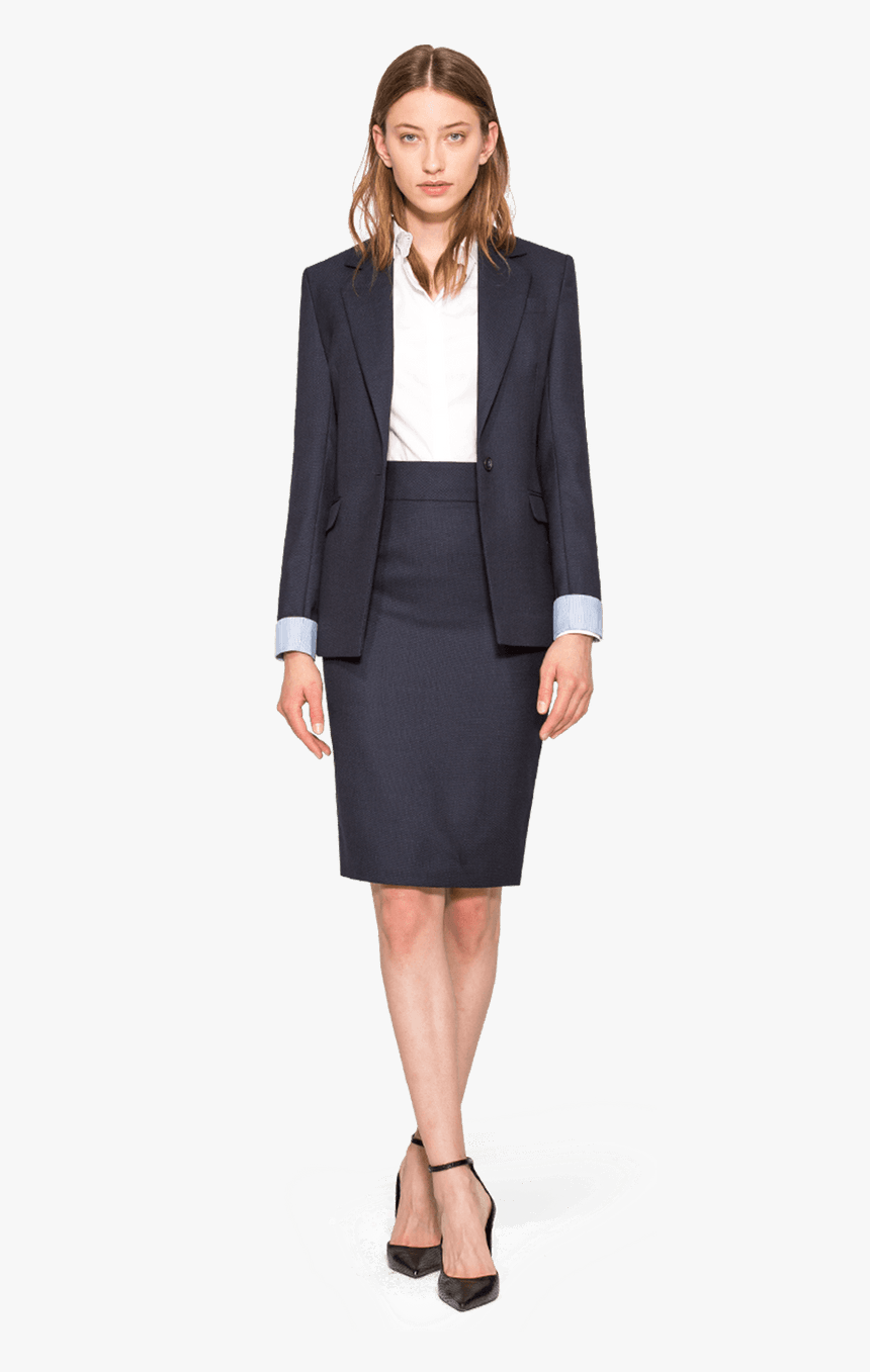 Navy Blue Wool One Button Skirt Suit With Peak Lapels