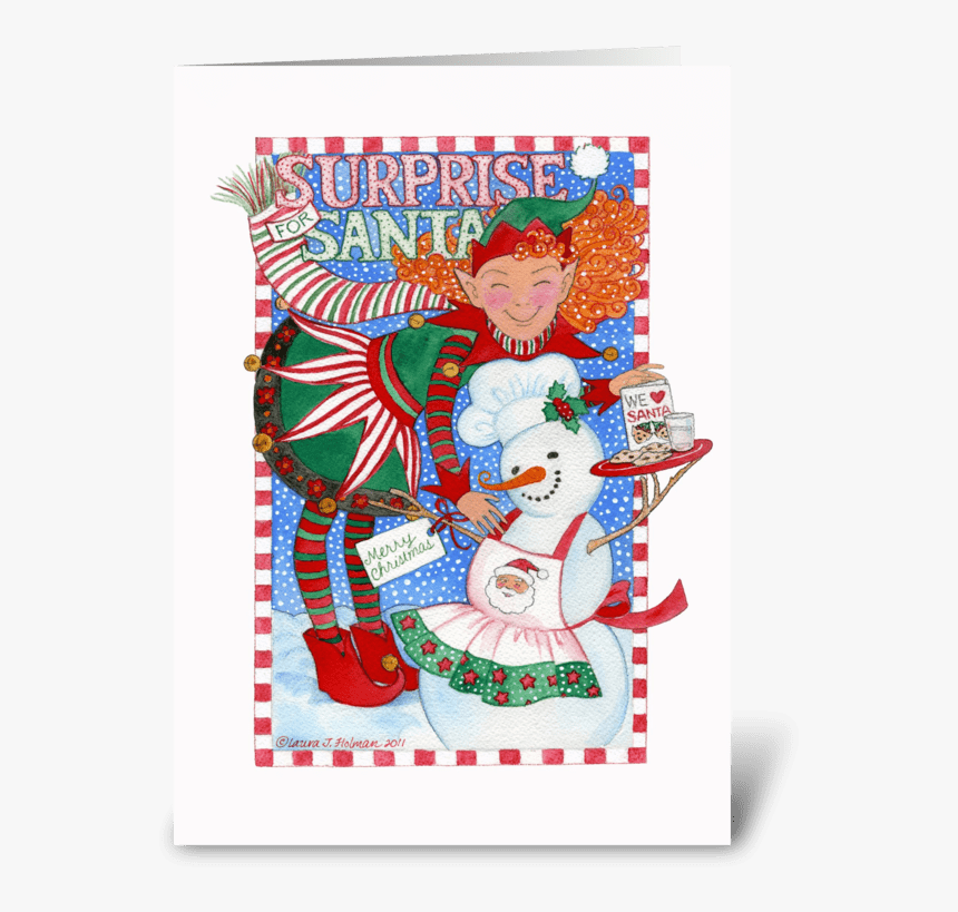 Elf & Snowman Surprise For Santa Greeting Card - Illustration, HD Png Download, Free Download