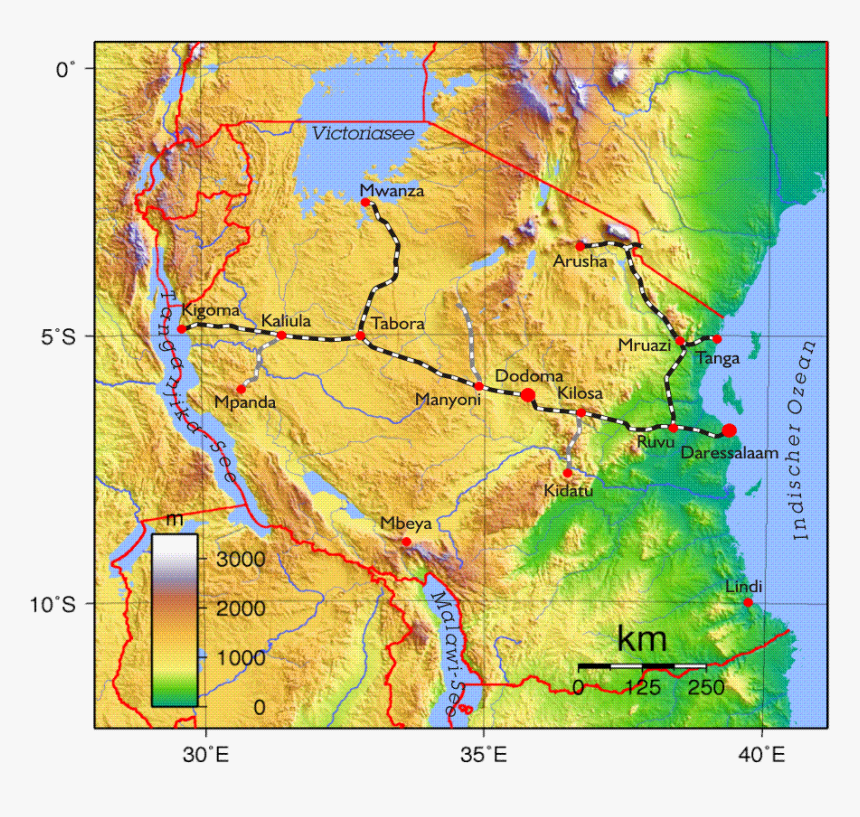 Tanzania Railways Lines - Topographical Map Of Tanzania, HD Png Download, Free Download