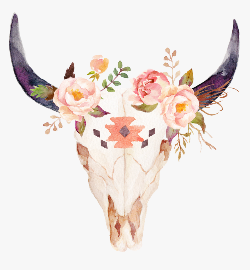 Longhorn Skull With Flowers , Png Download - Longhorn Bull Skull With Flowers, Transparent Png, Free Download