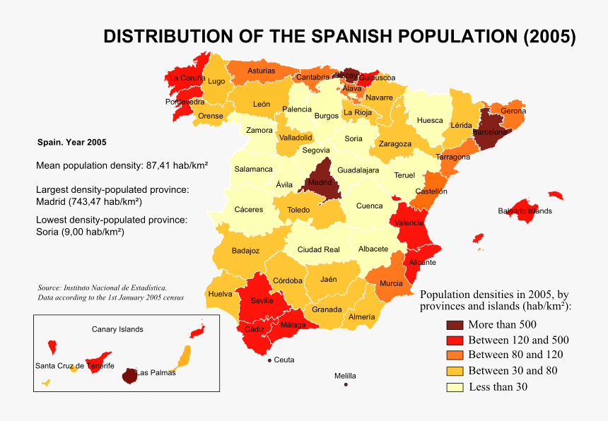 Population Densities In Spain 2005 Large Map - Population Map Of Spain, HD Png Download, Free Download