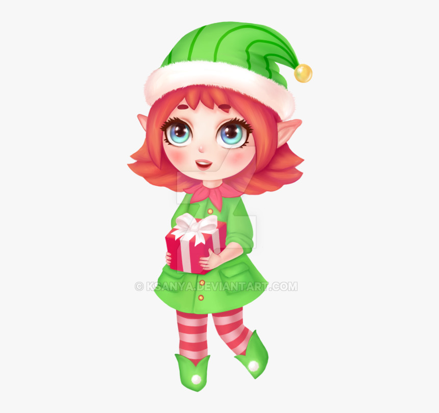 Cartoon,green,fictional Elf,plant,mythical Creature,christmas,wig - Chibi Elf Christmas Drawing, HD Png Download, Free Download