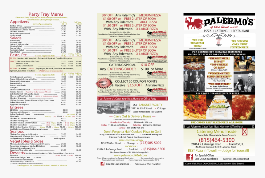 Palermos Of 63rd Frankfort Il Pizza And Italian Restaurant - Palermos Menu, HD Png Download, Free Download