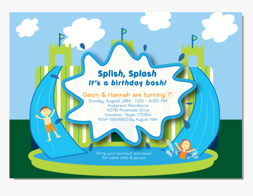 Splash Clipart Water Slide - Splish Splash Party Invitations, HD Png Download, Free Download