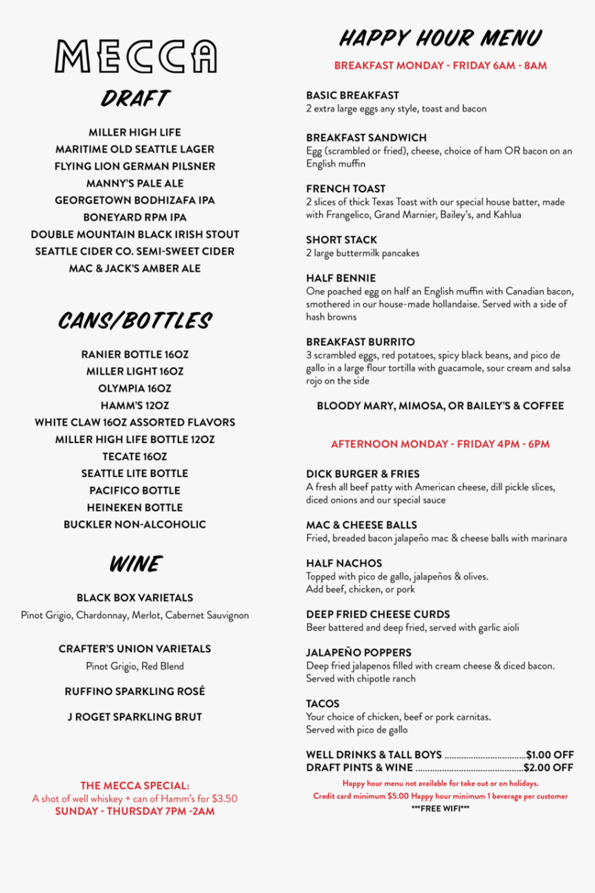 Mecca Happy Hour Menu 09 24 19 Single Page - Somerville Hotel, HD Png Download, Free Download