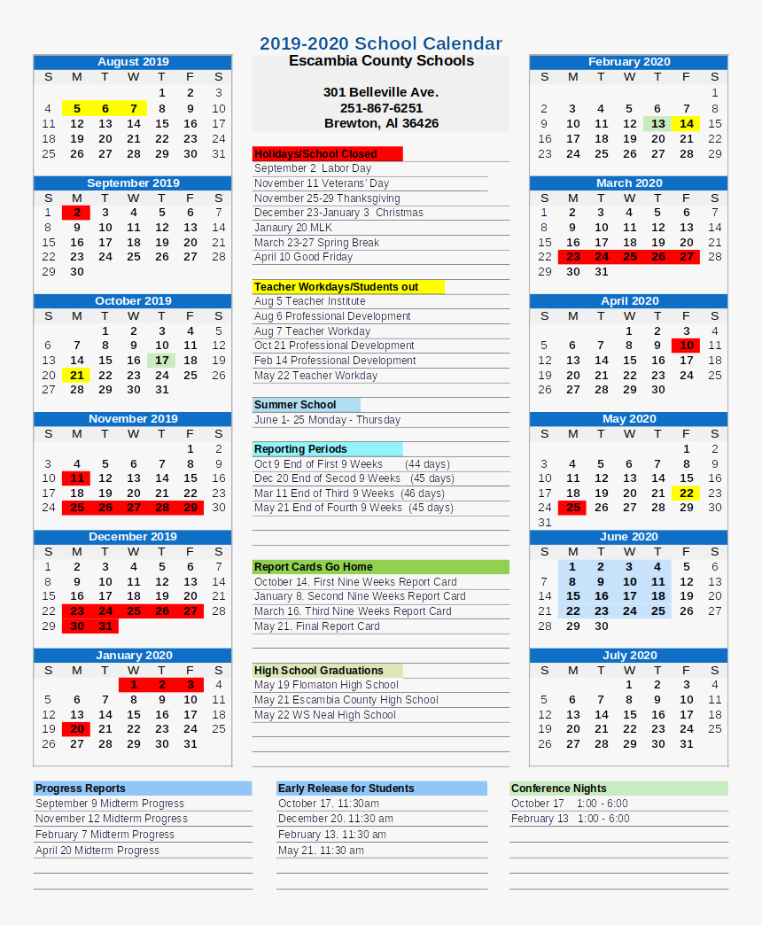 Escambia County School Calendar 2019, HD Png Download - kindpng