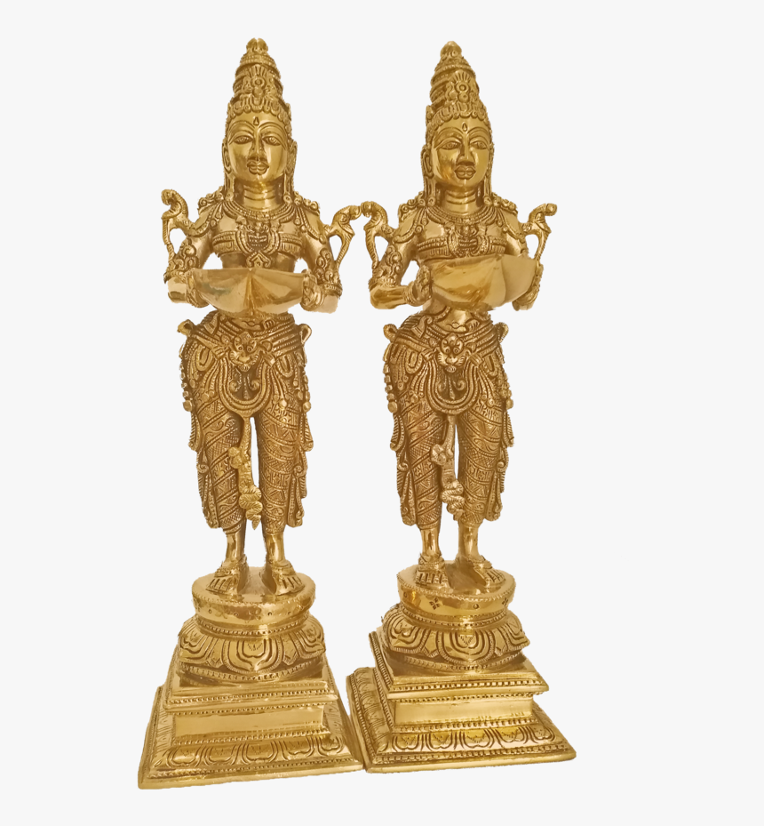 Beautiful Handcarved Pair Of Girls Holding A Diya In - Statue, HD Png Download, Free Download