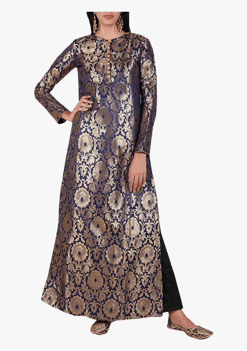 Deep Blue Pure Banarasi Brocade High Slit Kurta - Photo Shoot, HD Png Download, Free Download