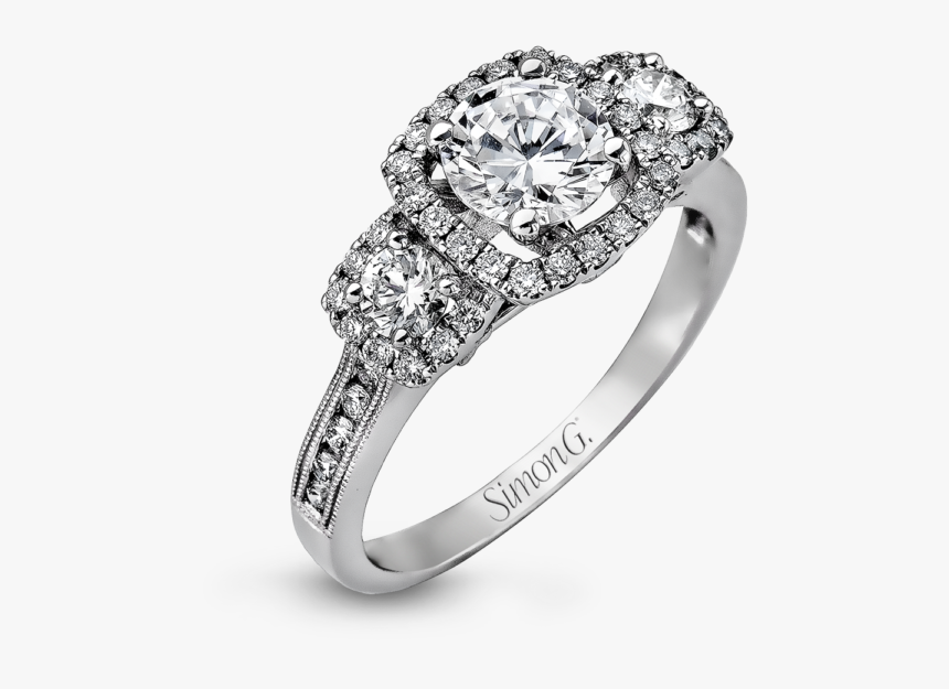 18k 3-stone With Diamond Halo Engagement Ring - 3 Diamond Halo Engagement Rings, HD Png Download, Free Download