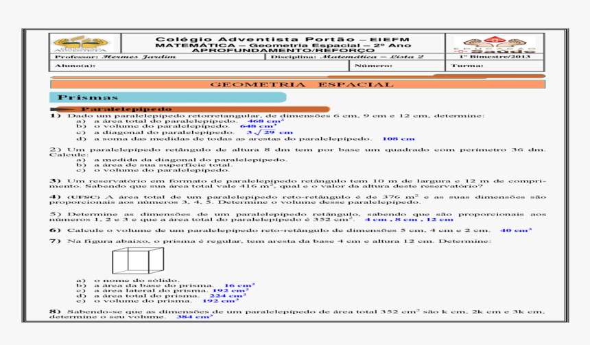 Colgio Adventista Porto Eiefm Matemtica Blog , Png - Dimensoes De Um Paralelepípedo Retangular Sao 20 8, Transparent Png, Free Download