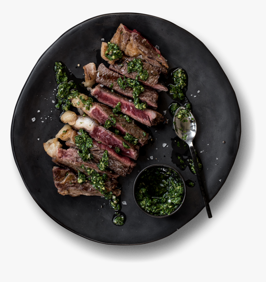 Plate Of Steak With Chimichurri Sauce - Food Photography, HD Png Download, Free Download