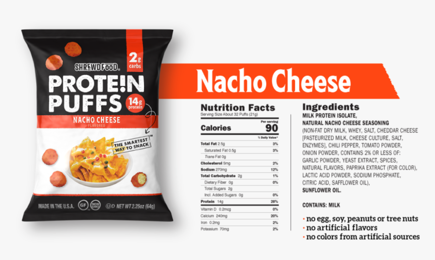 Nacho Cheese Flavored Protein Puffs Bag And Nutrition - Shrewd Food Protein Puffs Nutrition Facts, HD Png Download, Free Download